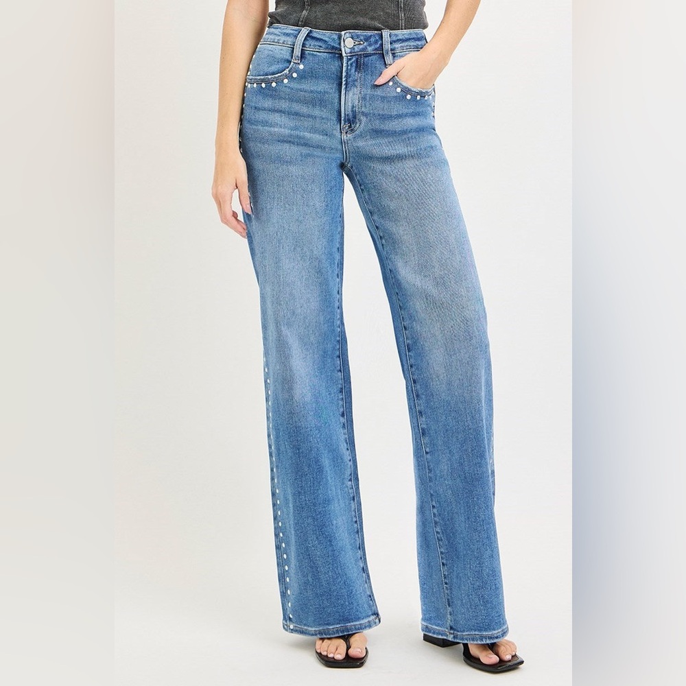 Studded Wide Leg High Rise Jeans - Risen - Picture 4 of 7